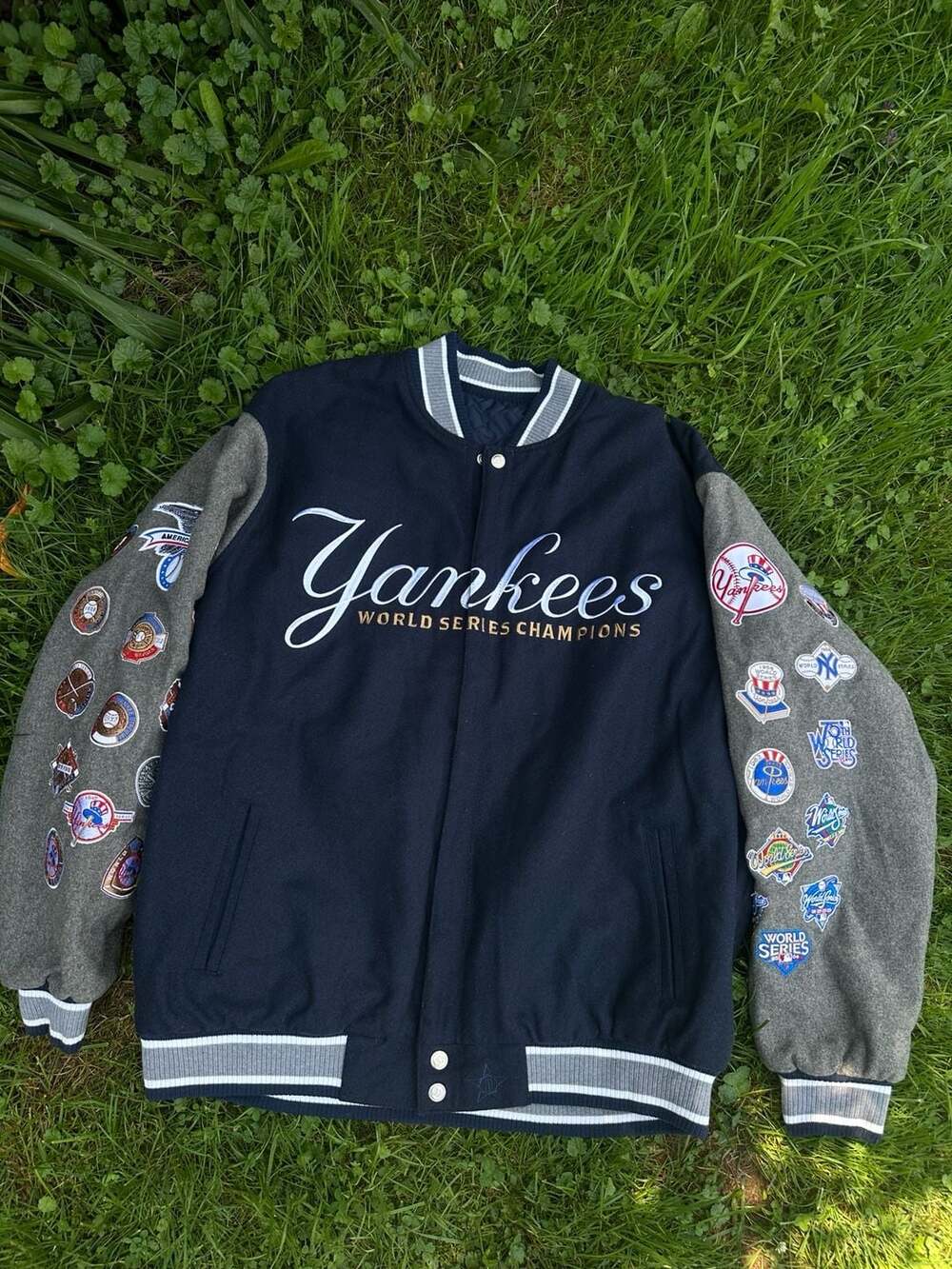 New York Yankees MLB World Series Champions Varsity Jacket with Patchwork Sleeve